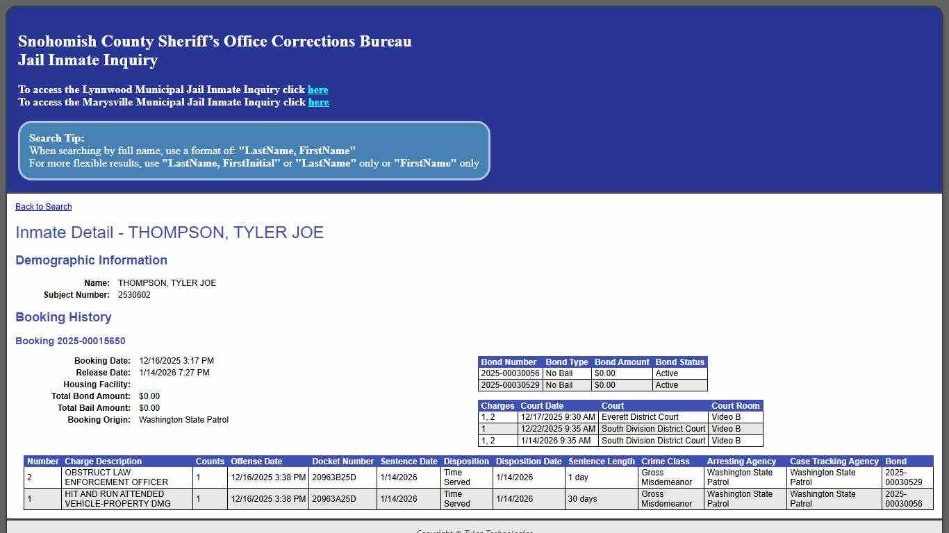 Inmate Detail - THOMPSON, TYLER JOE