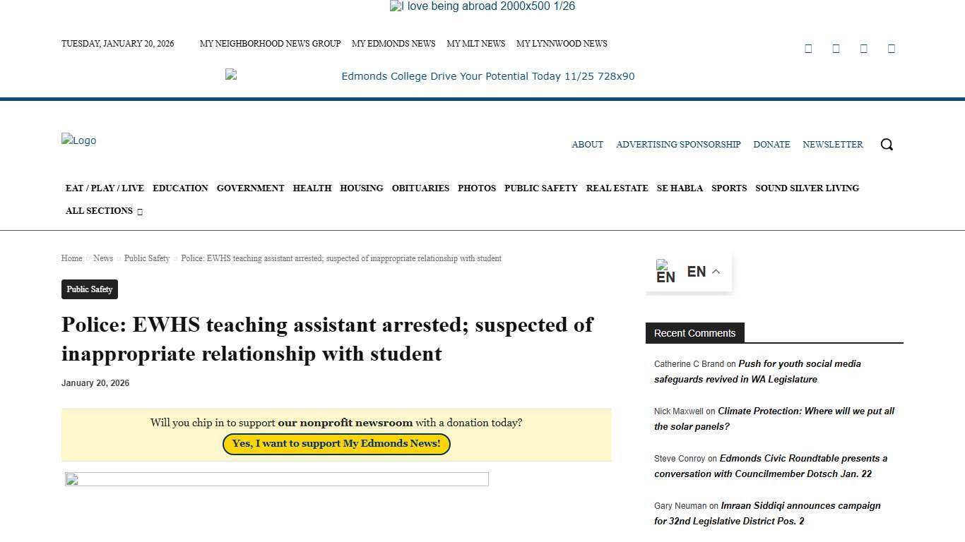 Police: EWHS teaching assistant arrested; suspected of inappropriate relationship with student - My Edmonds News