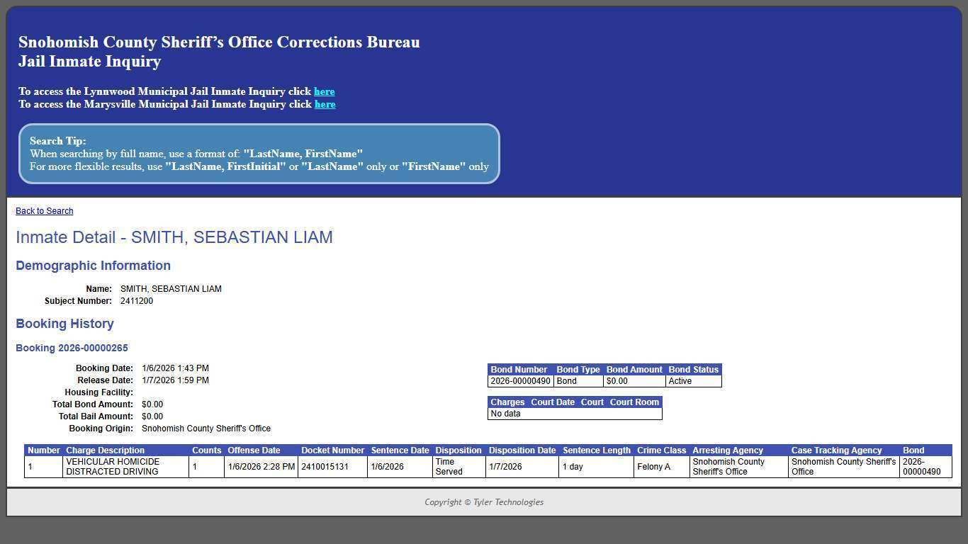 Inmate Detail - SMITH, SEBASTIAN LIAM